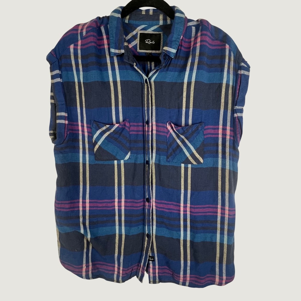 Rails Hunter Sleeveless Plaid Button Down Shirt Blue Purple Rayon
Womens  Large